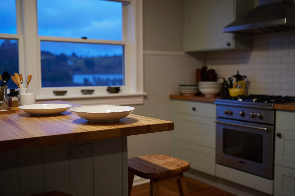 Evening kitchen scene in Wellington home with porcelain and utensils in in Wellington, New Zealand