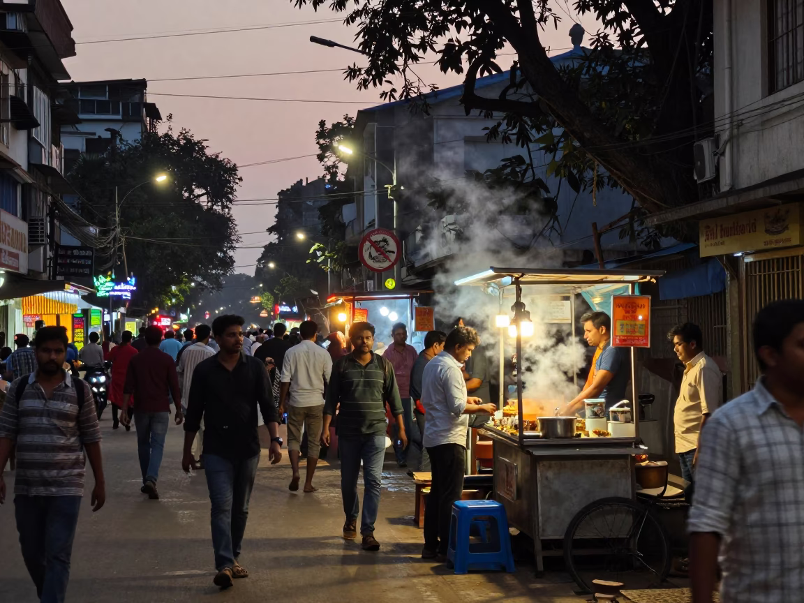 Evening Kolkata Street Scene with Glowing Lights and Busy Local Market Activity in in Kolkata, India