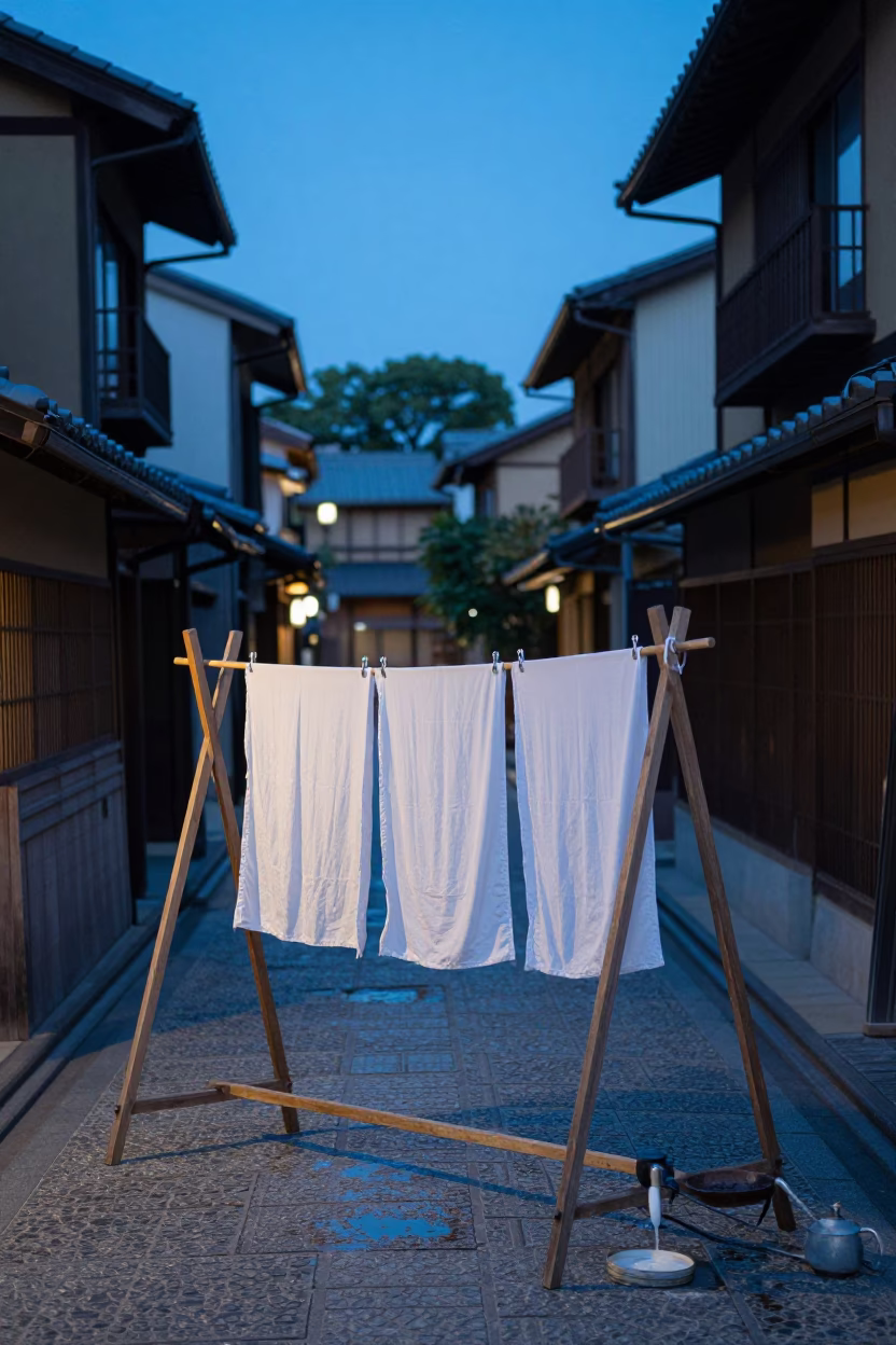 Evening Kyoto Street Scene with Drying Laundry and Watering Jug in in Kyoto, Japan
