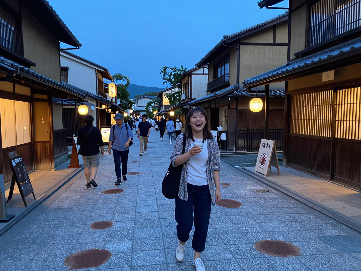 Evening Kyoto Street Scene with Tea Stains and Local Interaction in in Kyoto, Japan