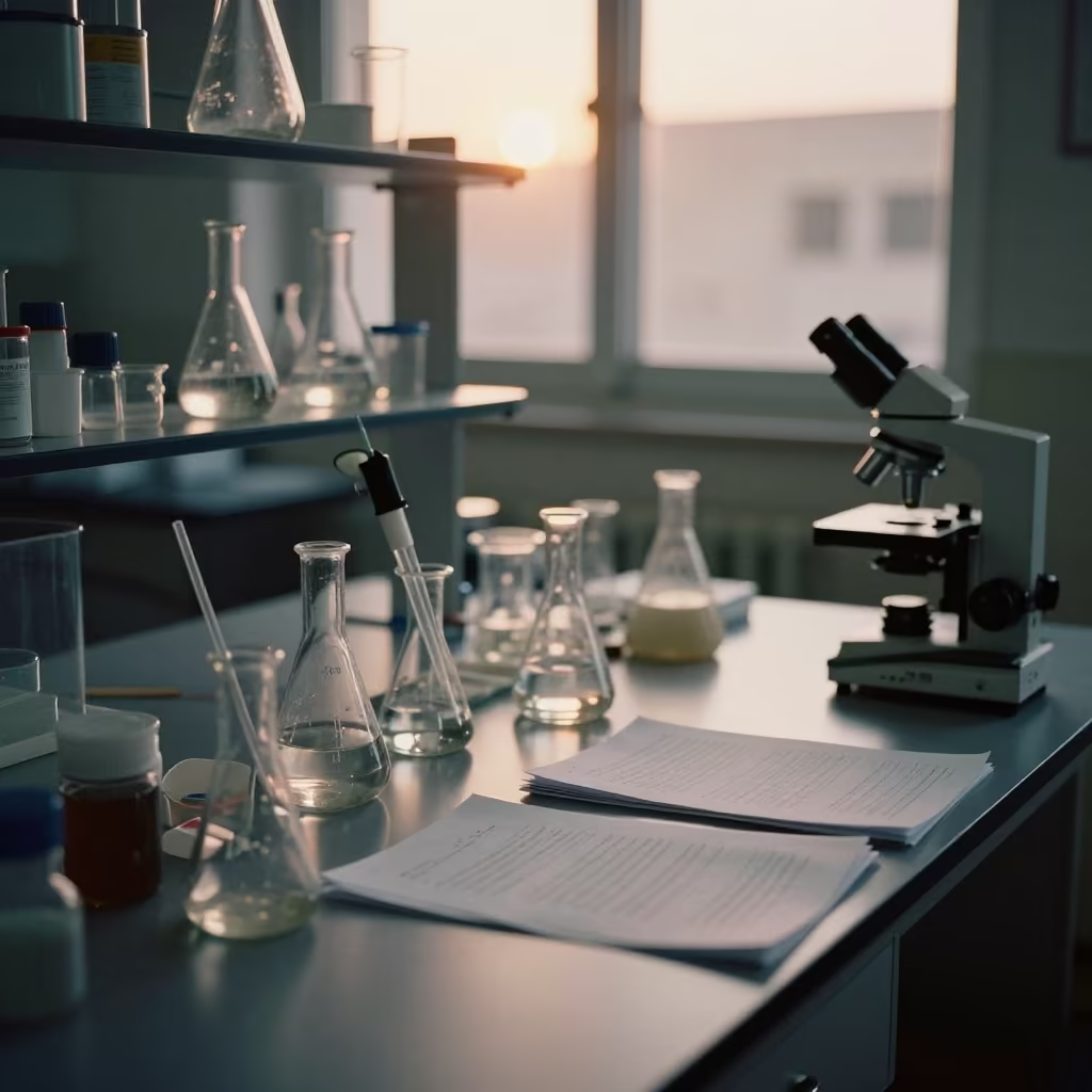 Evening Lab Bench with Flasks and Notes in Mukalla in at a microscopy bench near Mukalla