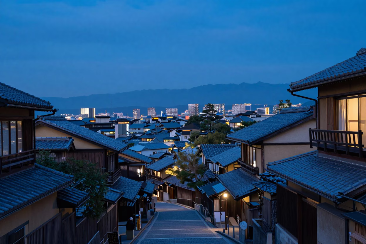 Evening Landscape in Kyoto at The Last Blue Light Of Evening in in Kyoto, Japan