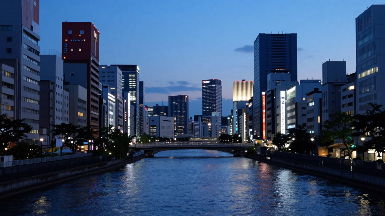 Evening Landscape in Osaka at The Last Blue Light Of Evening in in Osaka, Japan