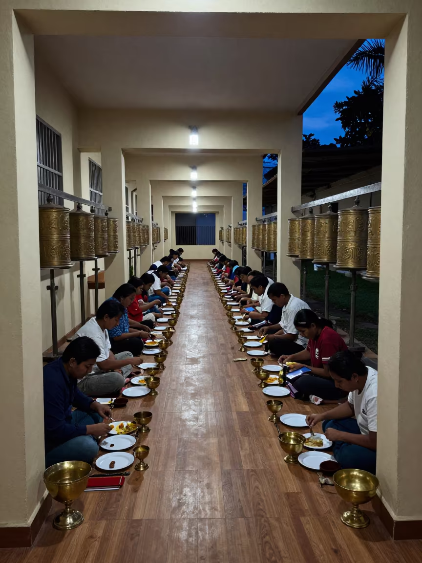 Evening Langar Service in Iquitos Gurdwara Hall in beside a prayer wheel corridor in Iquitos