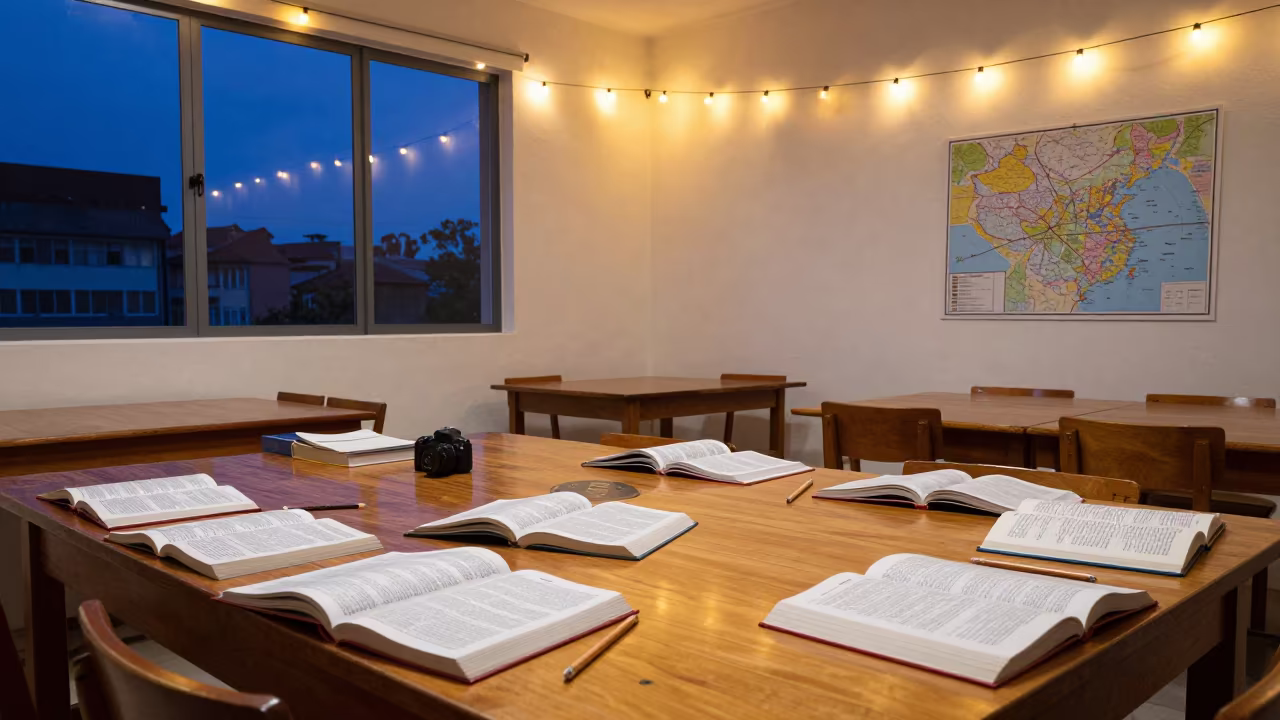 Evening Language Classroom Map Table Dictionaries in inside a quiet classroom in Porto Alegre