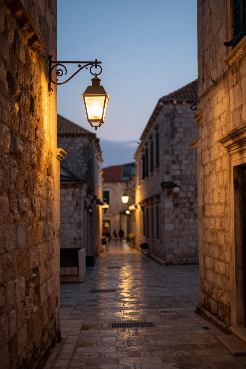 Evening Lantern Glow on Ancient Dubrovnik Stone Street with Local Dishes in in Dubrovnik, Croatia