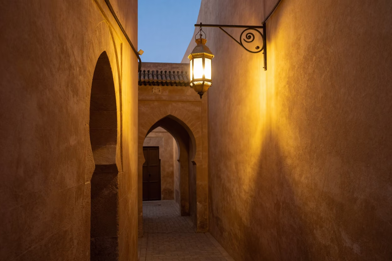 Evening Lantern Light Illuminates Traditional Fez Medina Alleyway Scene in in Fez, Morocco