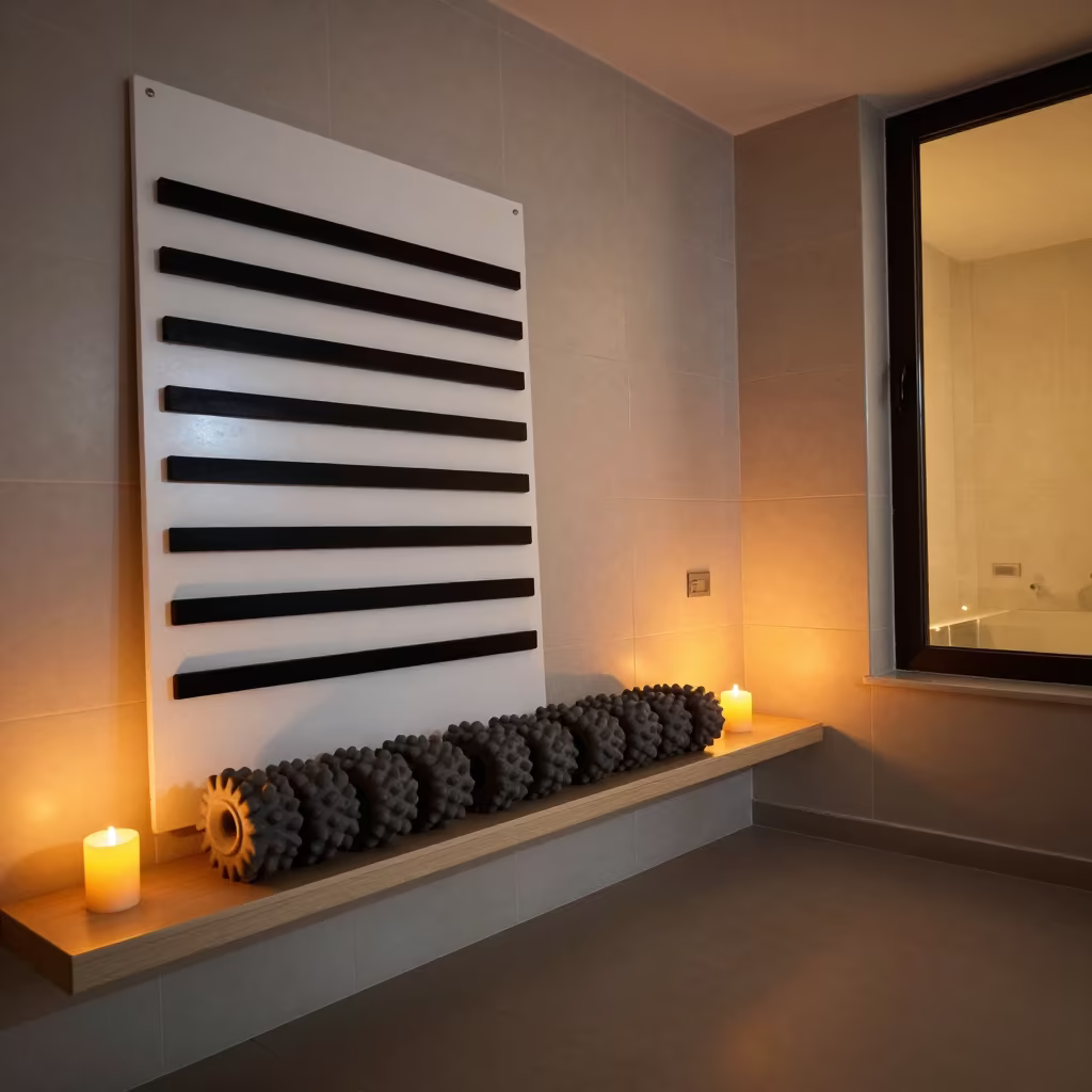 Evening Lap Swim Board in Ait Melloul Lounge in inside a recovery lounge beside foam rollers in Ait Melloul