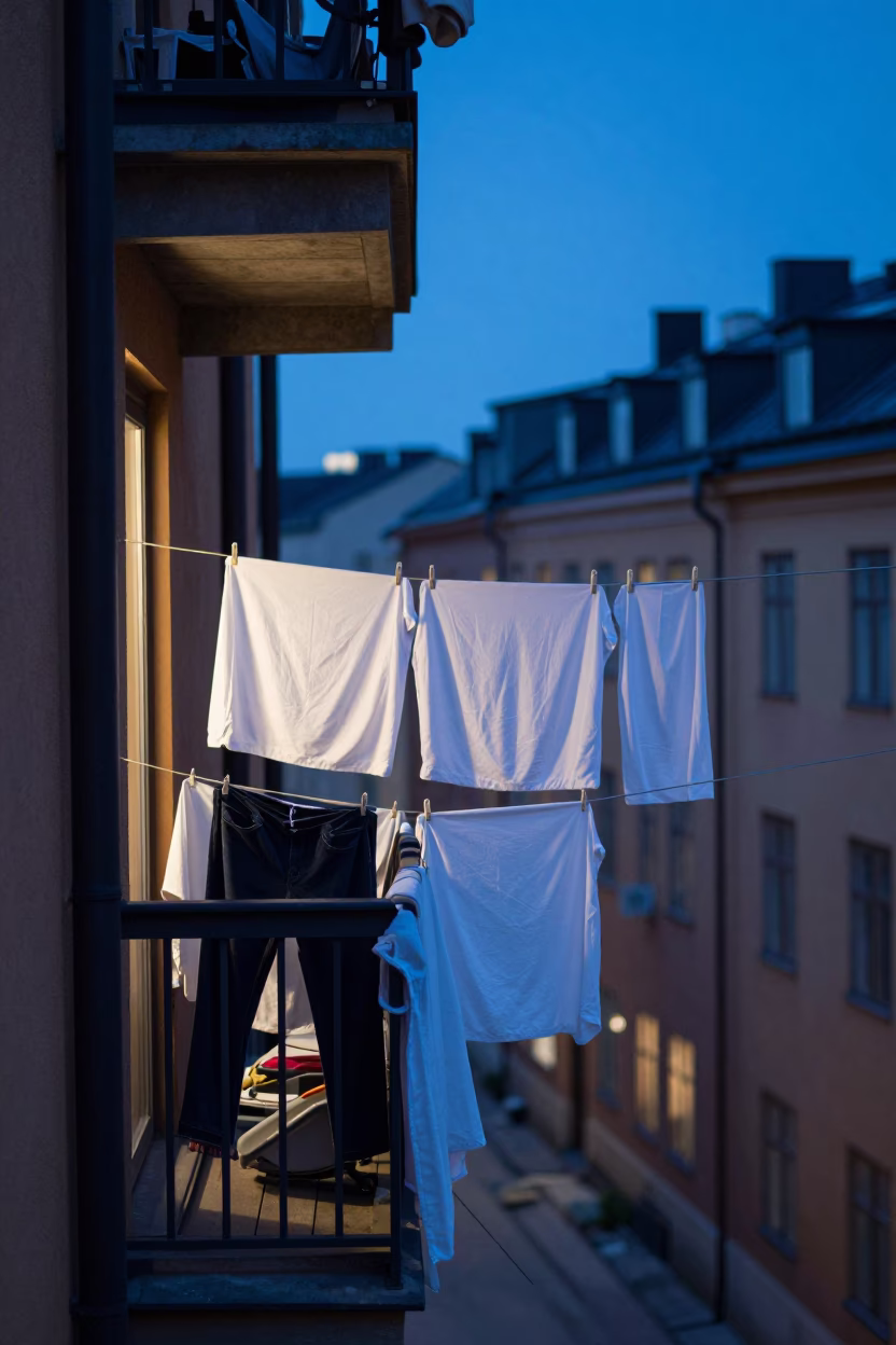 Evening Laundry on Balcony in Stockholm Sweden Blue Hour Urban Life in in Stockholm, Sweden