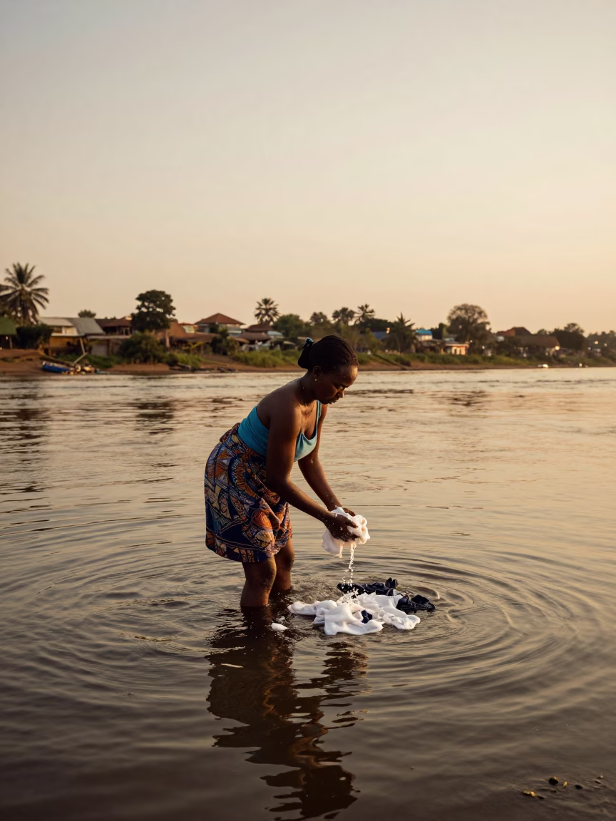 Evening Laundry Scene in Accra Ghana Riverbank in in Accra, Ghana