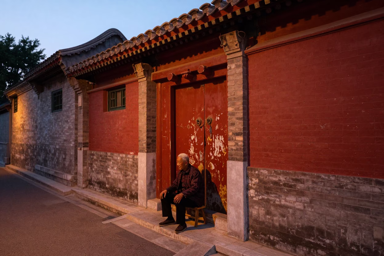 Evening Life in Beijing at Copper-toned Light Before Dusk in in Beijing, China