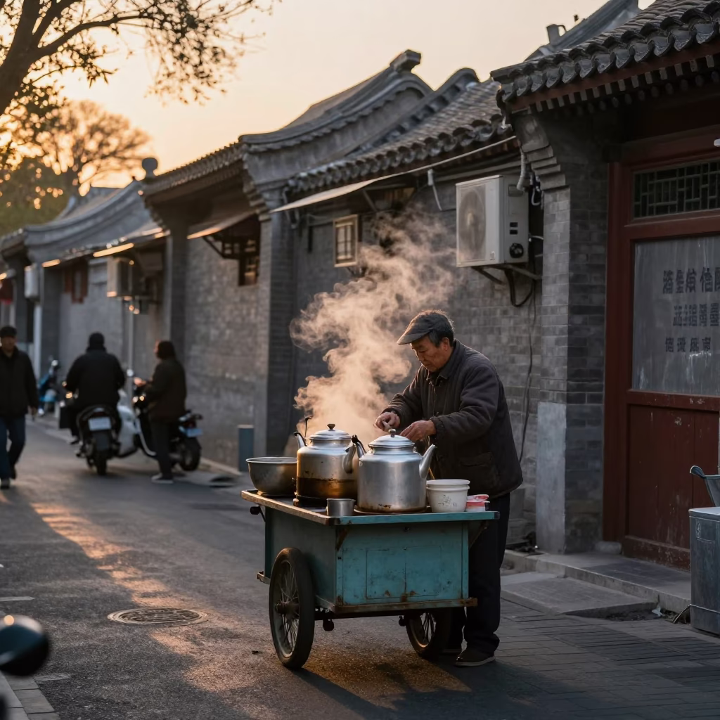 Evening Life in Beijing at Honeyed Evening Light in in Beijing, China