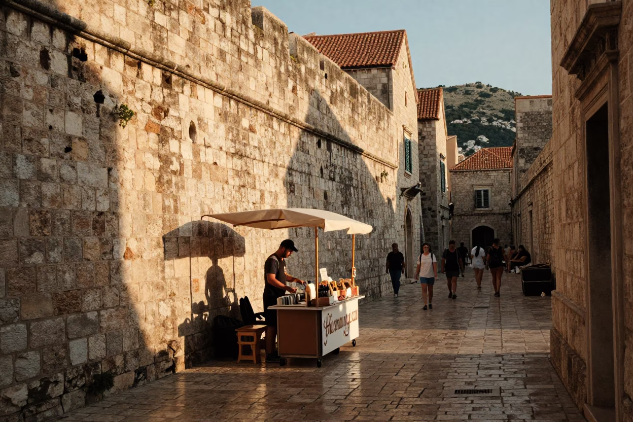 Evening Life in Dubrovnik at Honeyed Evening Light in in Dubrovnik, Croatia