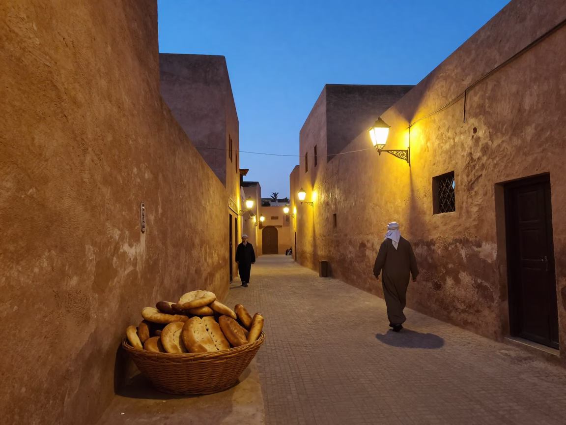 Evening Life in Fez Medina with Traditional Bread Basket and Local Craftsmen in in Fez, Morocco