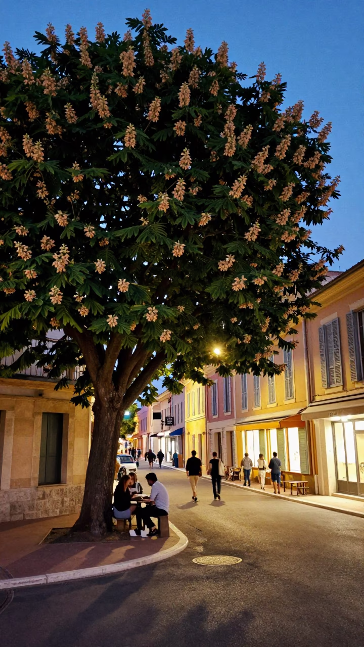 Evening Life in Nice France with Chestnut Tree and Vintage Street Scene in in Nice, France