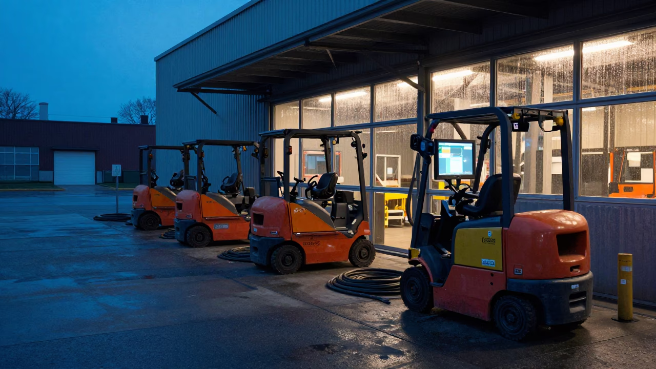 Evening Lift Truck Charging Zone in Montreal Warehouse in at a fulfillment packing station near Hochelaga, Montreal