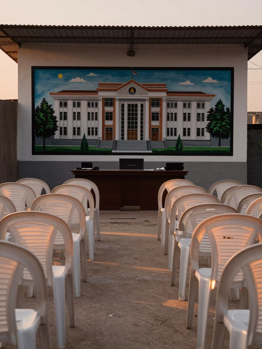 Evening Light on Community Mural in Khairpur in inside a campaign office in Khairpur