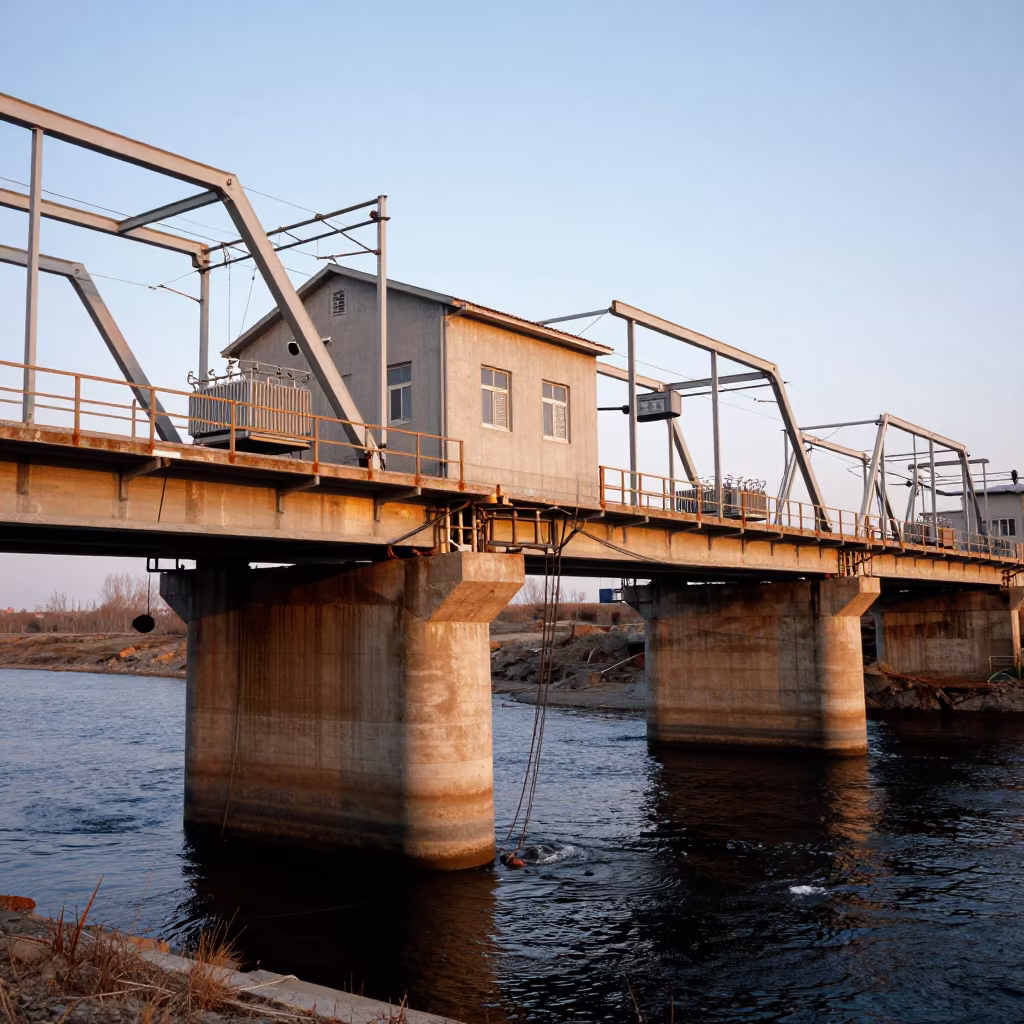 Evening Light on Drawbridge Counterweight House in beside a bridge pier above moving water in Liaoning