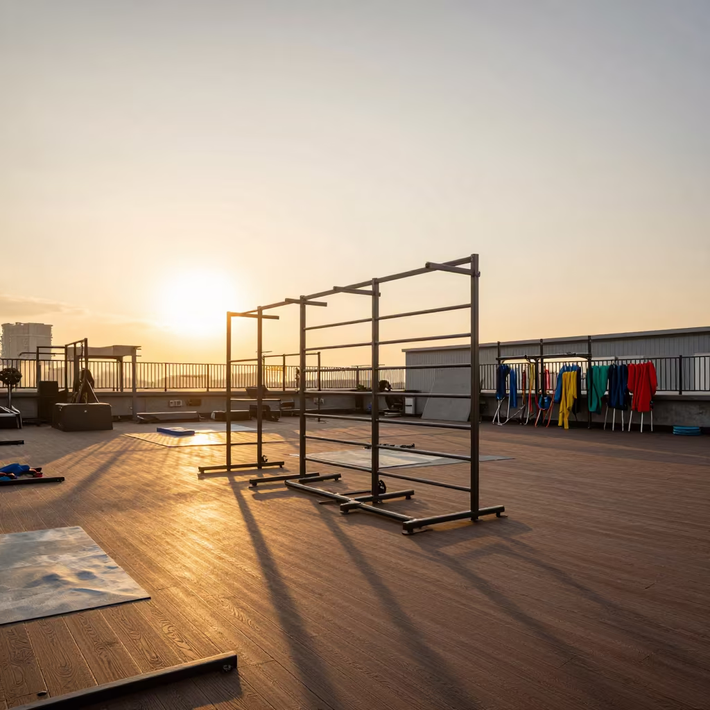 Evening Light on Freeze Form Racks in Ningbo Gym in inside a climbing gym warmup zone in Ningbo