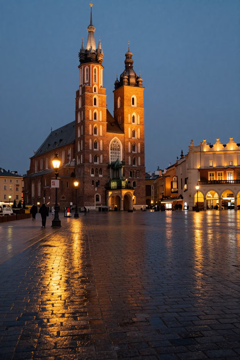 Evening Light Glowing on Old Town Square Cobblestones in Krakow Poland in in Krakow, Poland