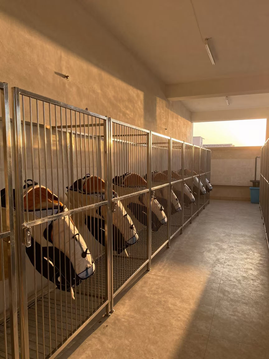 Evening Light on Hydrotherapy Vest Rack in Kennel in in a boarding kennel corridor near Nasiriyah