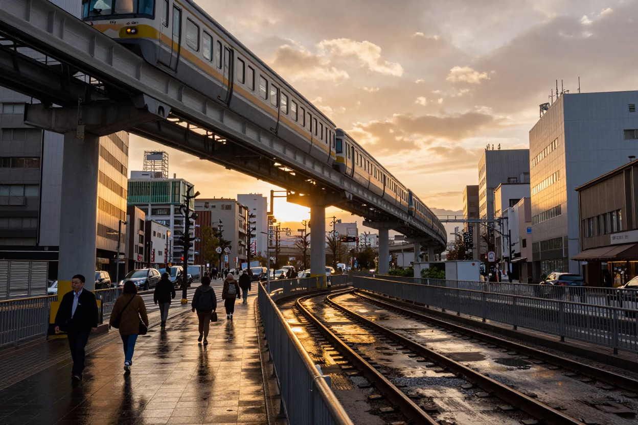 Evening Light Illuminates Sapporo Monorail Steel Tracks and Urban Skyline in in Sapporo, Japan