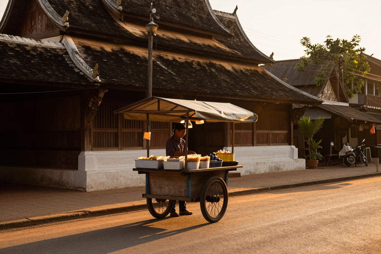 Evening Light Illuminates Traditional Laotian Street Food Stall in Luang Prabang in in Luang Prabang, Laos