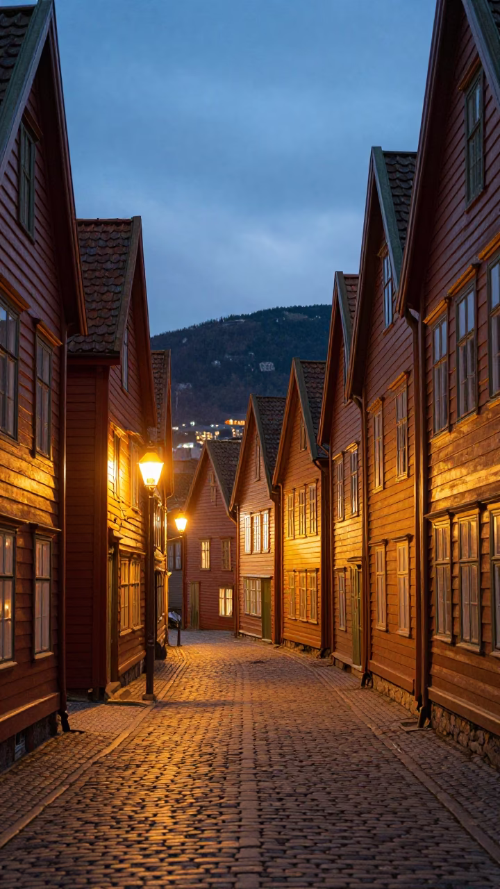 Evening Light in Bergen at As City Lights Begin To Glow in in Bergen, Norway