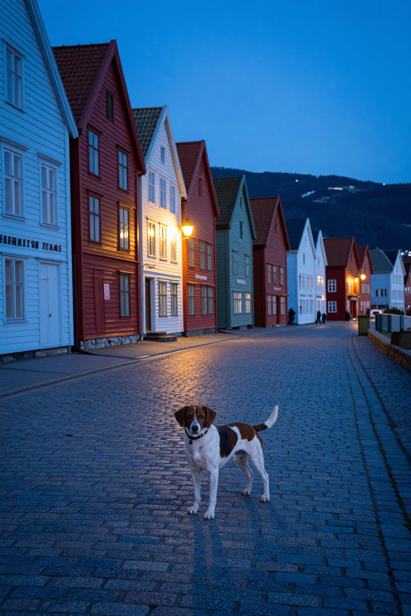 Evening Light in Bergen Norway with Dog and Colorful Street Scene in in Bergen, Norway