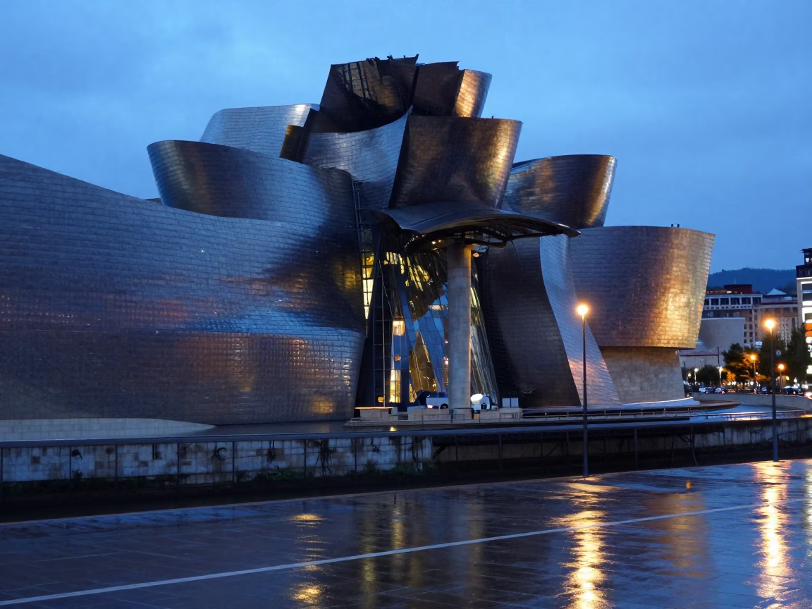 Evening Light in Bilbao Spain Guggenheim Museum Exterior and Urban Street Scene in in Bilbao, Spain