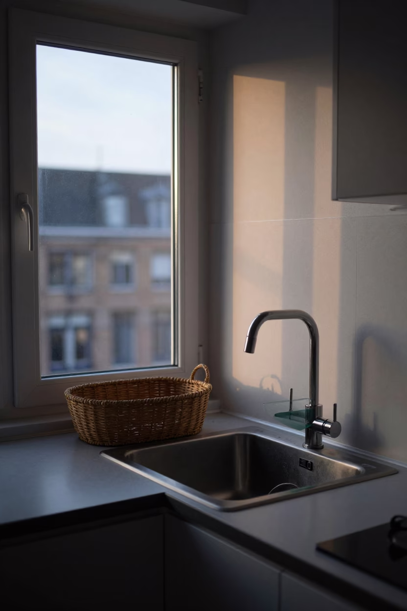 Evening Light in Brussels Kitchen Sink with Woven Basket and Succulents in in Brussels, Belgium