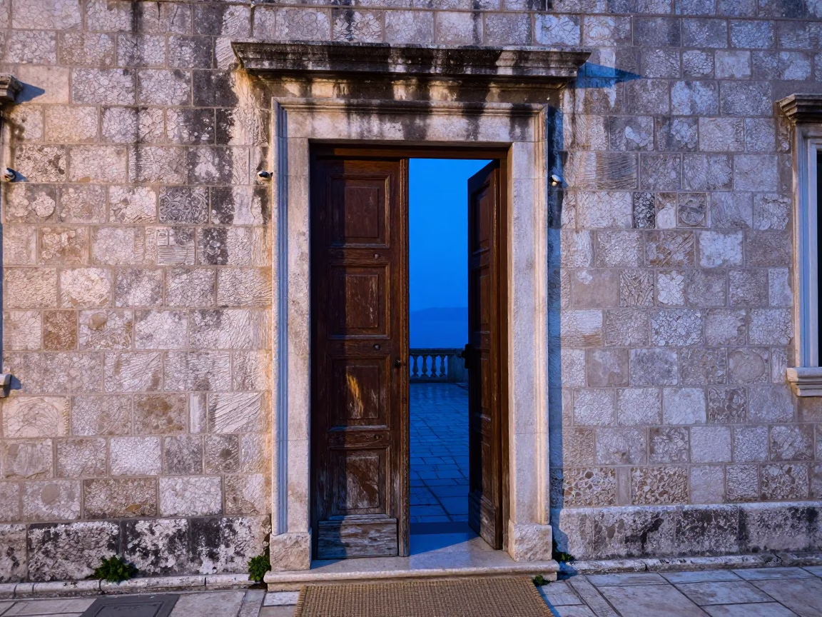 Evening Light in Dubrovnik Croatia Showing Stone Doorframe and Woven Mat Detail in in Dubrovnik, Croatia