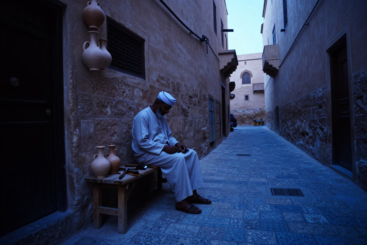 Evening Light in Fez Medina Alley with Traditional Pottery and Wall Hooks in in Fez, Morocco