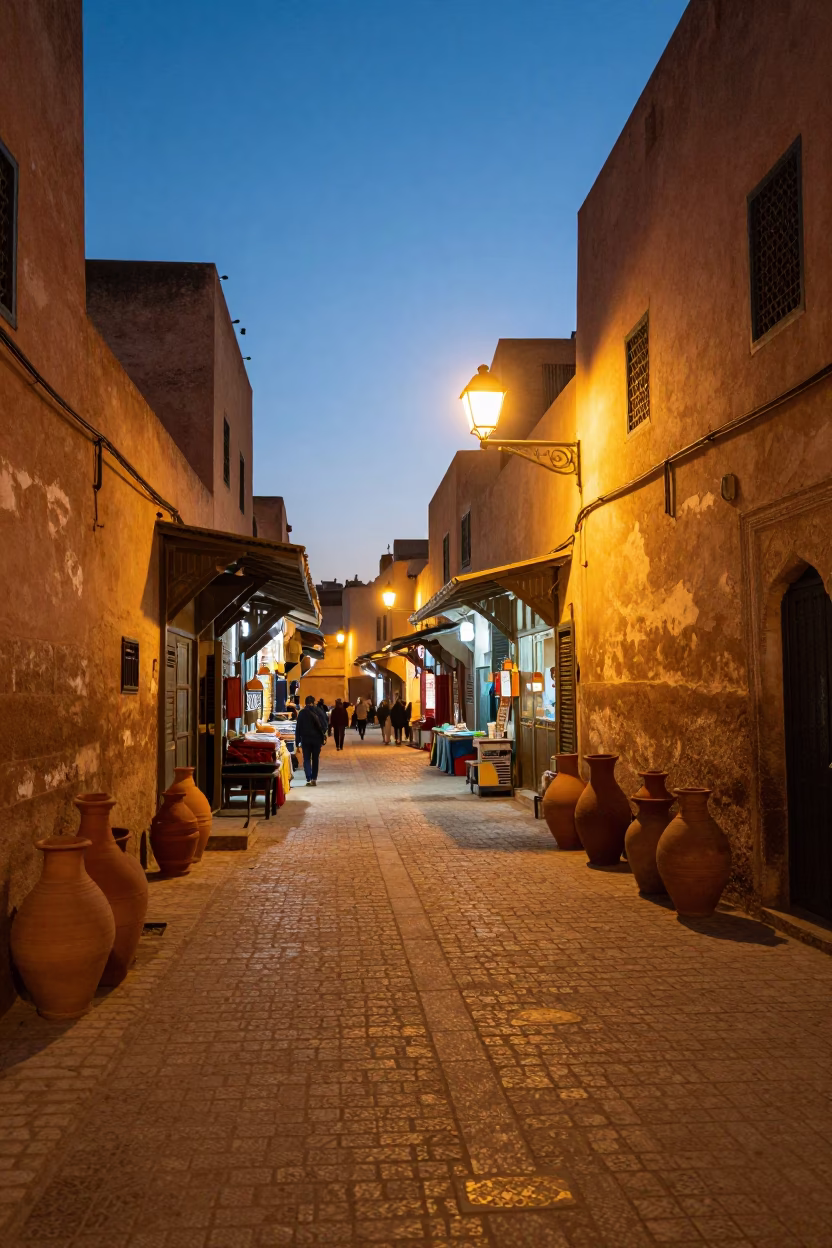 Evening Light in Fez Morocco Old Medina Market Street Scene in in Fez, Morocco