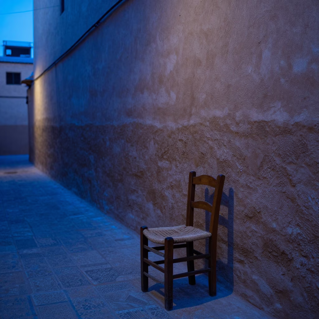 Evening Light in Fez Morocco Old Medina Street with Traditional Chair and Wooden Sill in in Fez, Morocco