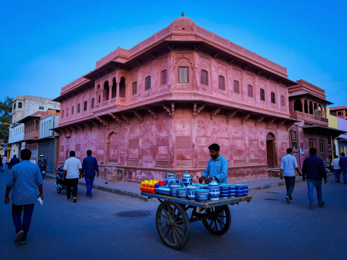 Evening Light in Jaipur Market Street with Blue White Porcelain and Paper Fan in in Jaipur, India