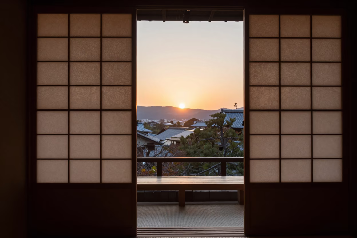 Evening Light in Kyoto at As The Sun Drops Toward The Horizon in in Kyoto, Japan