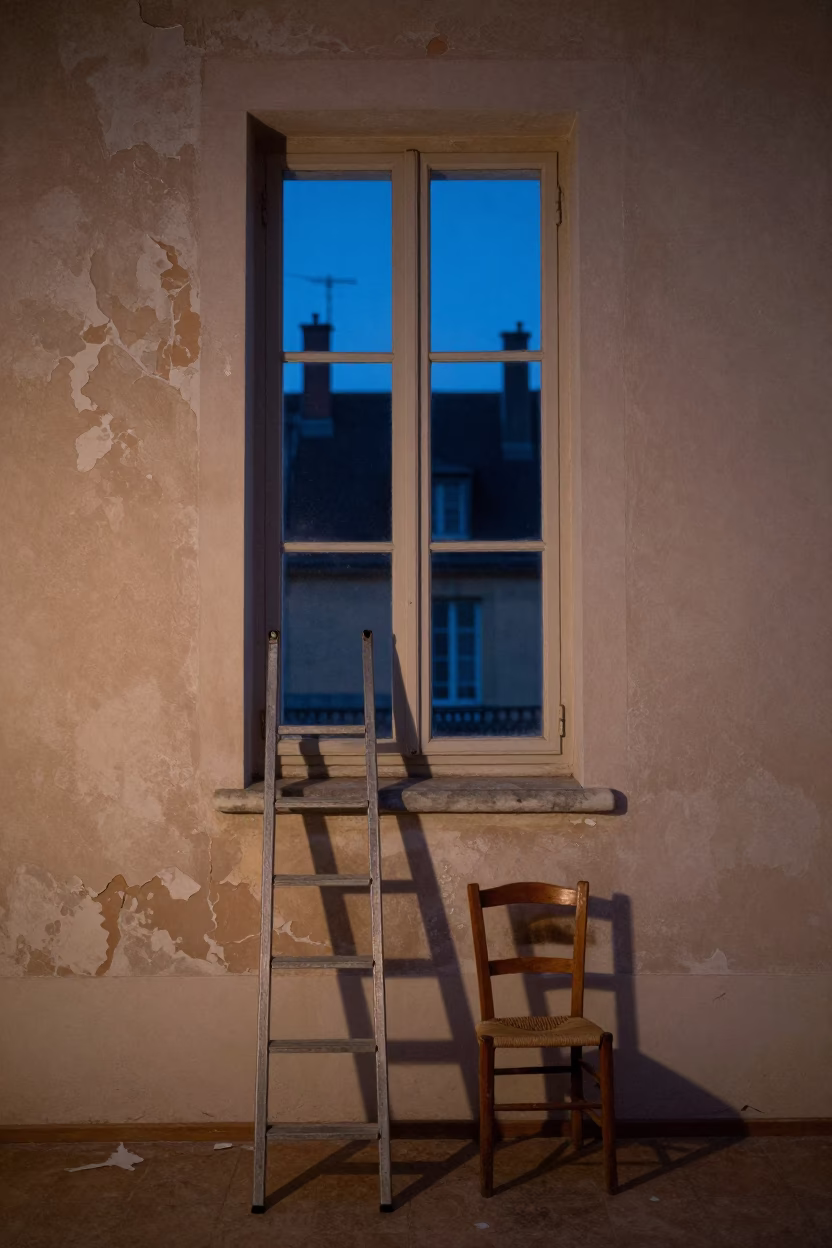 Evening Light in Lyon France Showing Peeling Paint and Ladder Back Chair in in Lyon, France