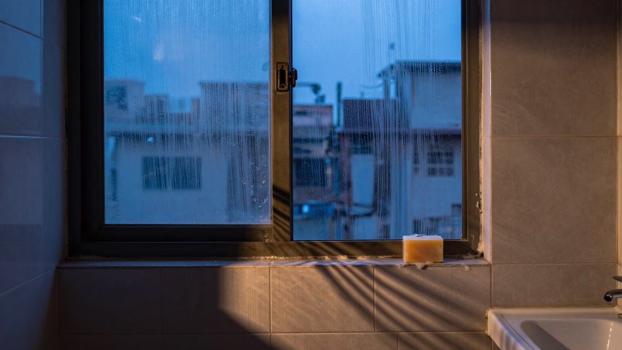 Evening Light in Mumbai Apartment Showing Wicker Shadow and Soap Streaks in in Mumbai, India
