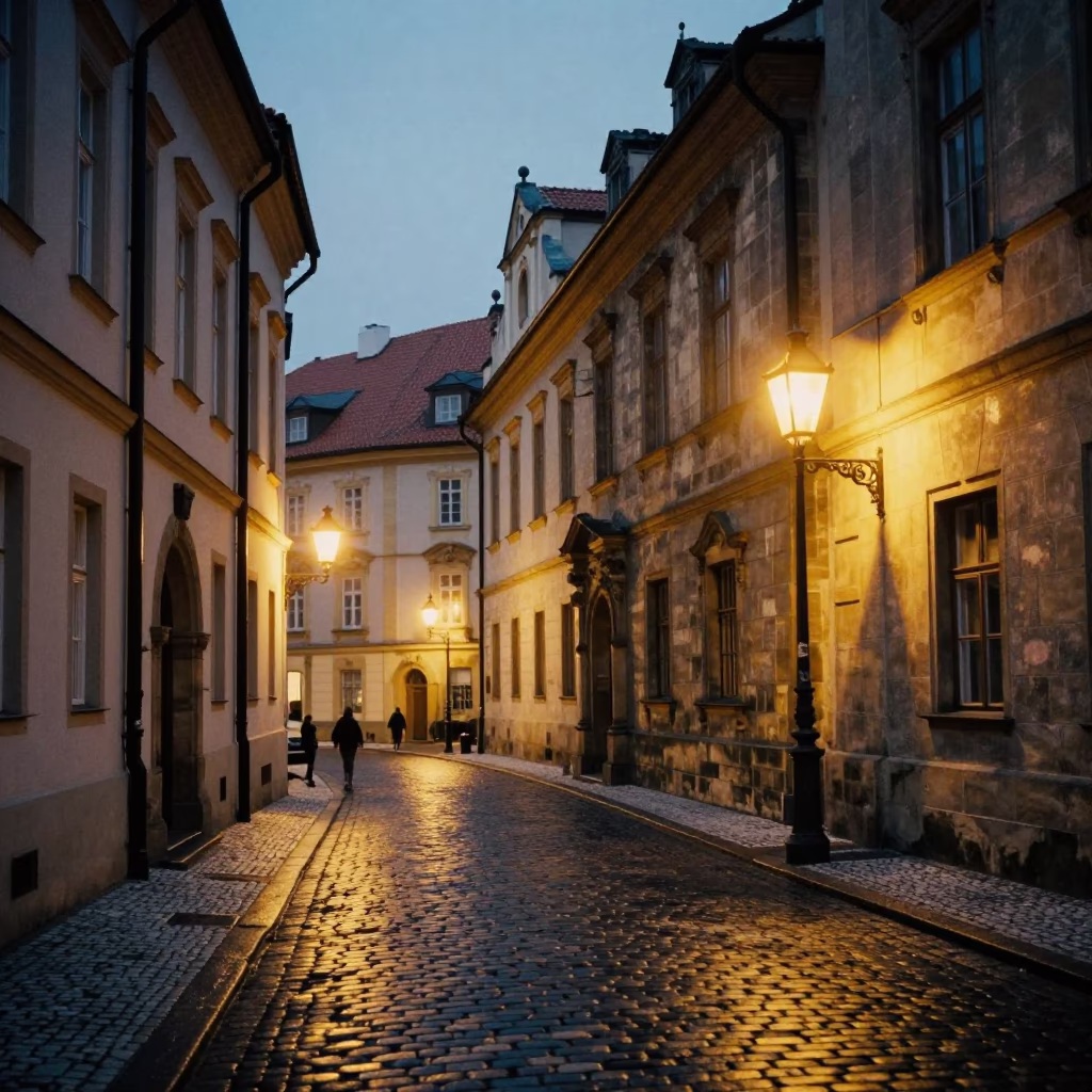 Evening Light in Prague University Cloister Walkway Between Old Stone Buildings in in Prague, Czech Republic