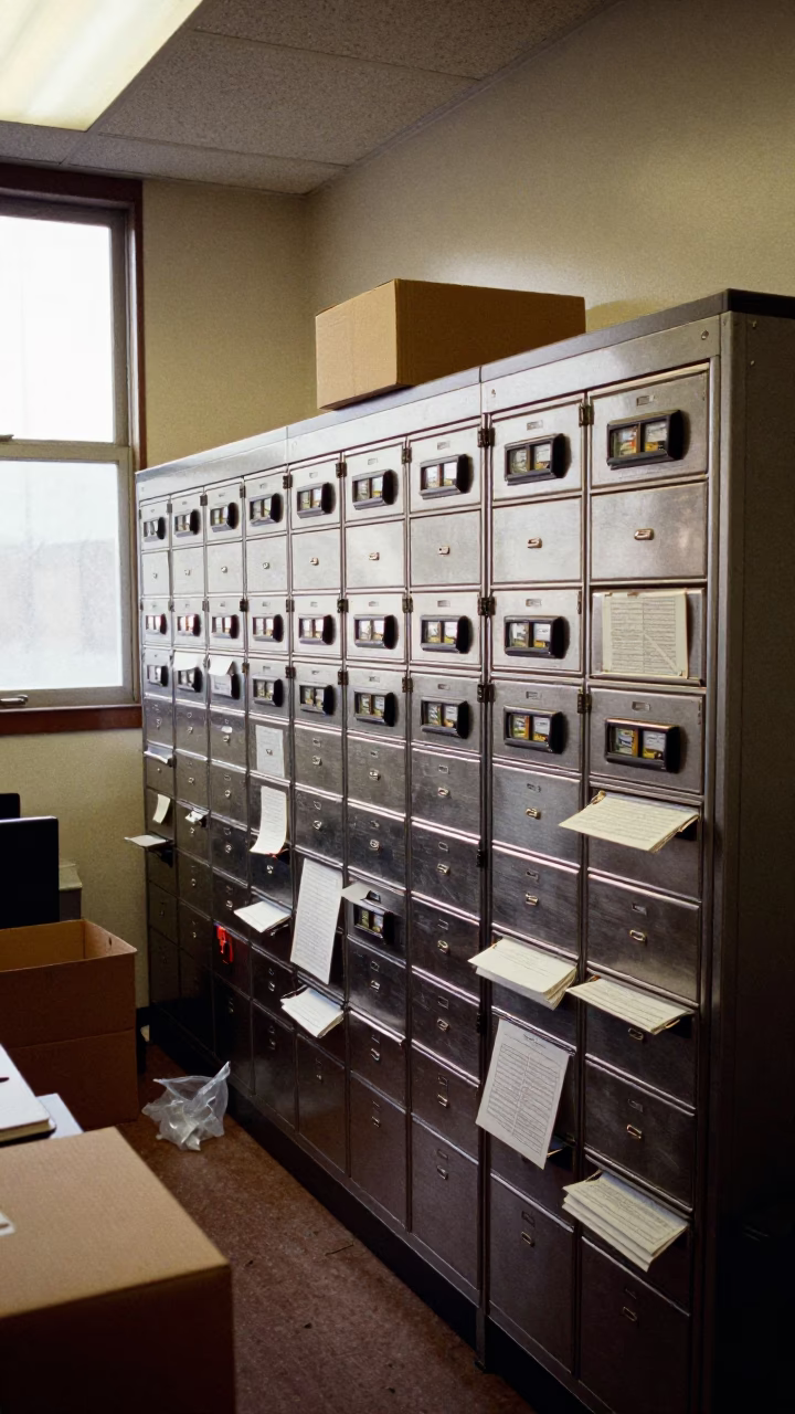 Evening Light on Mailroom Drawer Near Taza in in an operations center under monitor glow near Taza