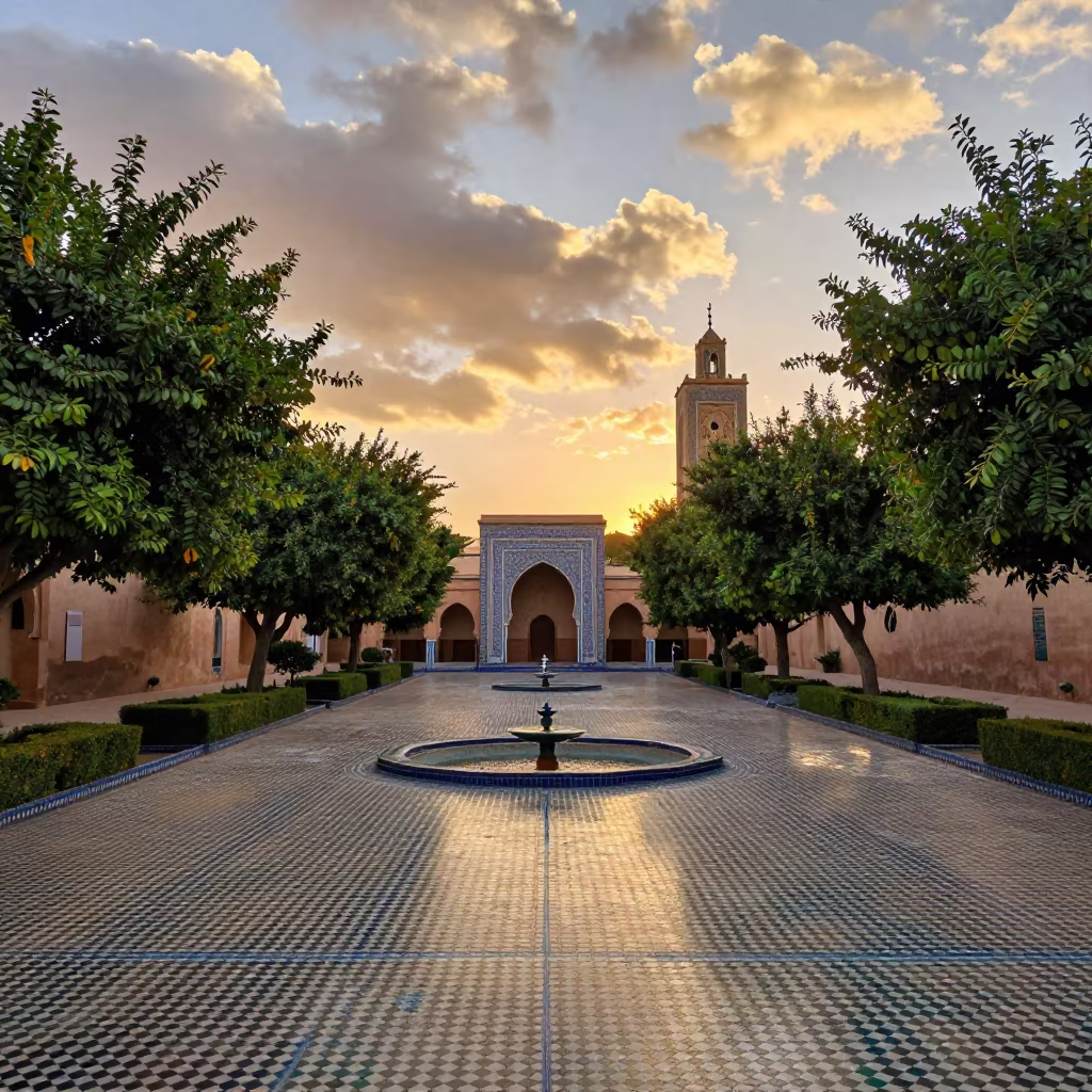 Evening Light in Marrakech Mosque Garden in in a cloister garden in Gueliz, Marrakech