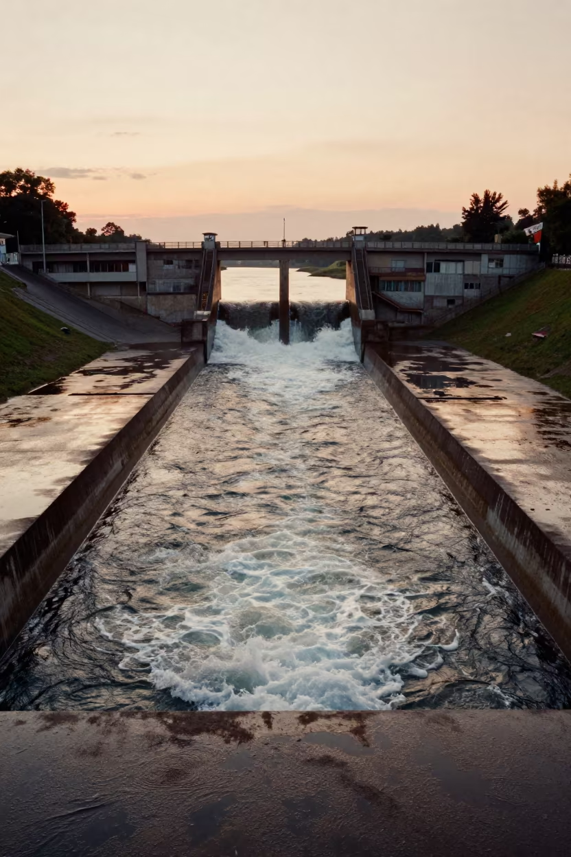 Evening Light on Musturud Dam Spillway in along a dam spillway near Musturud