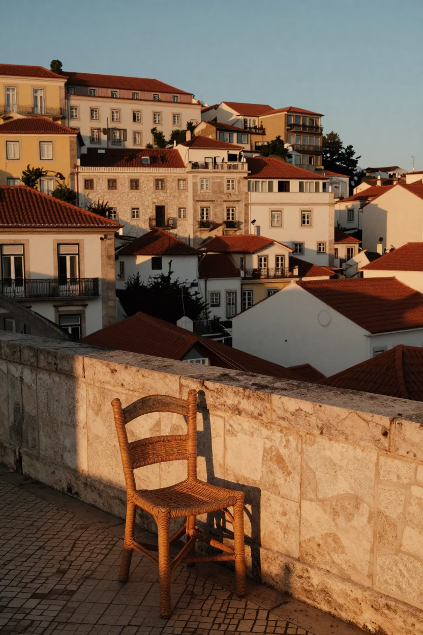 Evening Light on Alfama Slopes with Rattan Chairs and Condensation in in Lisbon, Portugal