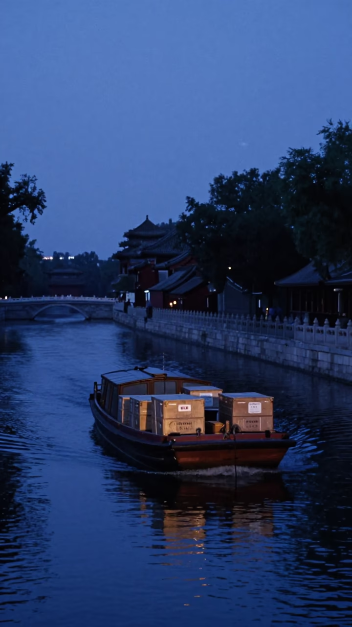 Evening Light on Beijing Canal Barge with Blue and White Porcelain Cargo in in Beijing, China
