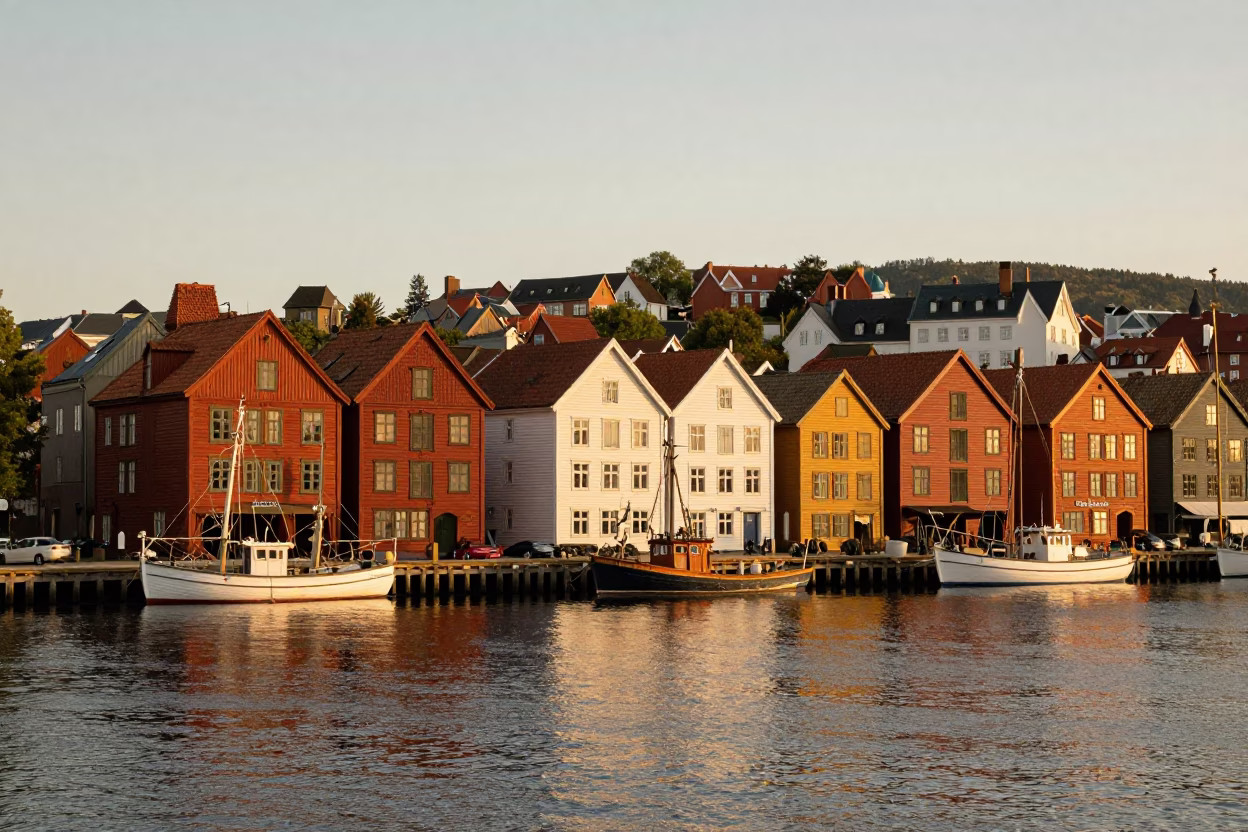 Evening Light on Bergen Wharf with Colorful Hanseatic Houses and Fishing Boats in in Bergen, Norway