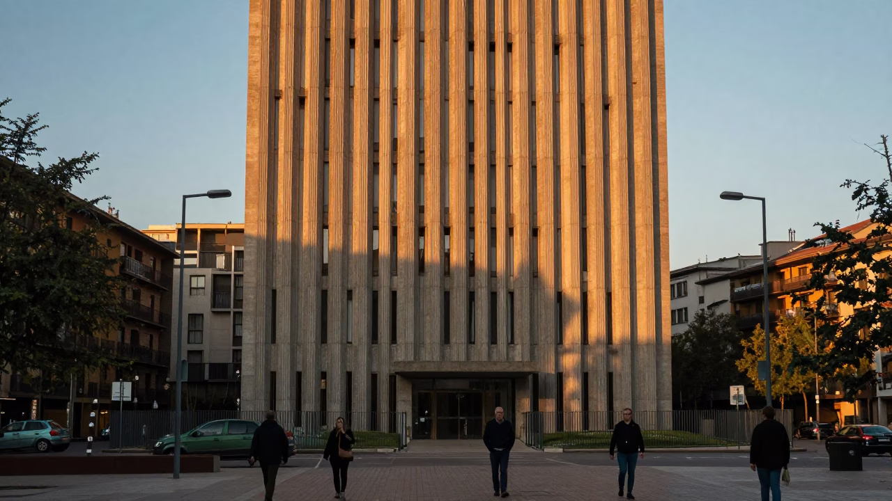 Evening light on Bilbao's concrete university tower and nearby street life in in Bilbao, Spain