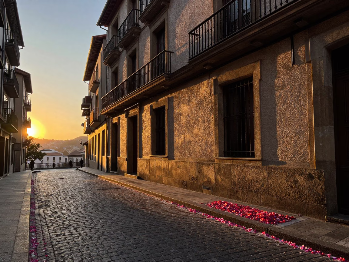 Evening Light on Bilbao Street Corner with Flower Petals and Urban Details in in Bilbao, Spain