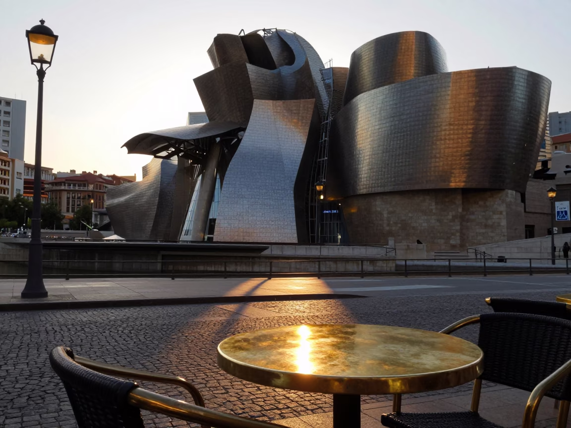 Evening light on Bilbao streets with brass fixtures and slate details in in Bilbao, Spain