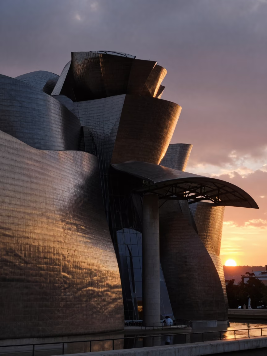 Evening Light on Bilbao’s Guggenheim Museum Exterior with River Nervion Reflections in in Bilbao, Spain